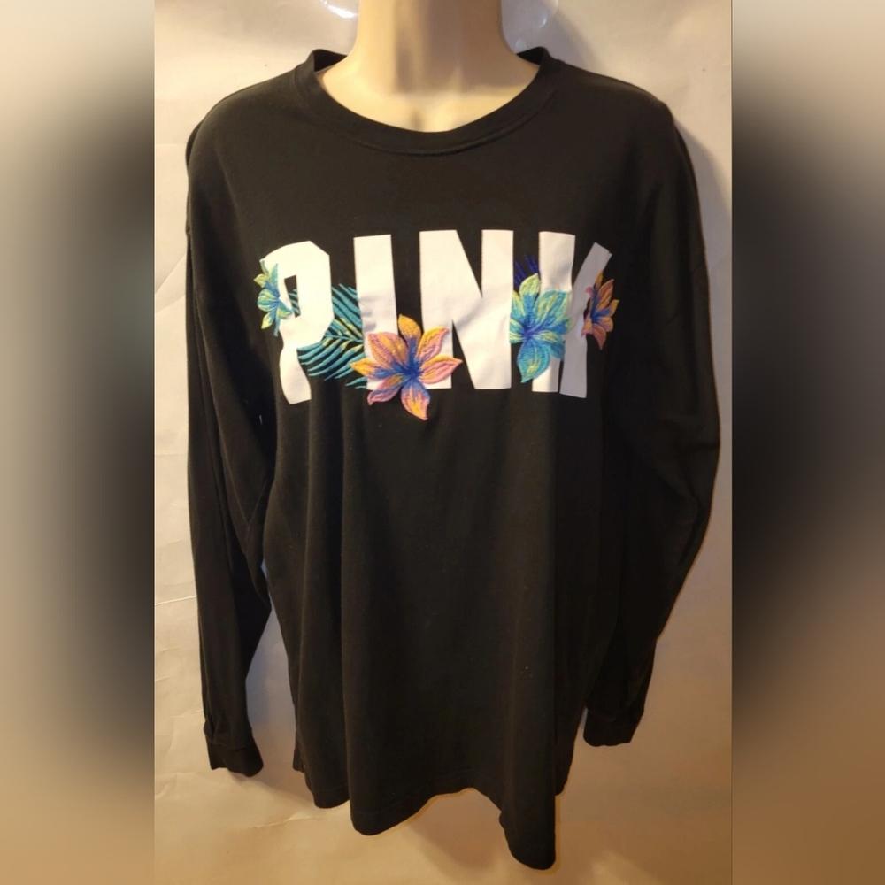Victora Secret PINK Black Sweatshirt Embroidery Tropical Hibisus